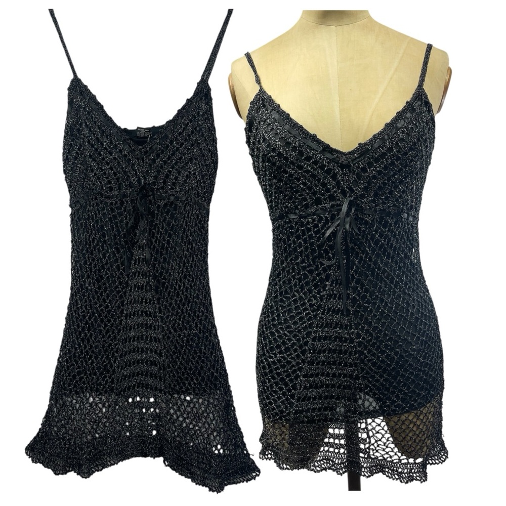 NWT Rue21 Whimsigoth Dress Boho Crochet Knit Mini Black Metallic Contemporary